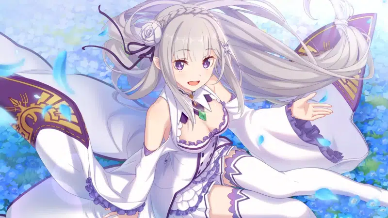 emilia, arts, long hair, purple eyes, blond hair, flowers, anime, re:zero, elf, silver hair, glade of flowers, anime girls, petals Live Wallpaper