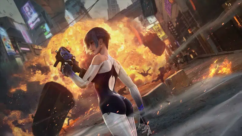 weapon, the ruined city, destroyed buildings, arts, explosion, cyber hunter, anime girls, cities, anime, dystopia, the huntress, cyberpunk, games Live Wallpaper