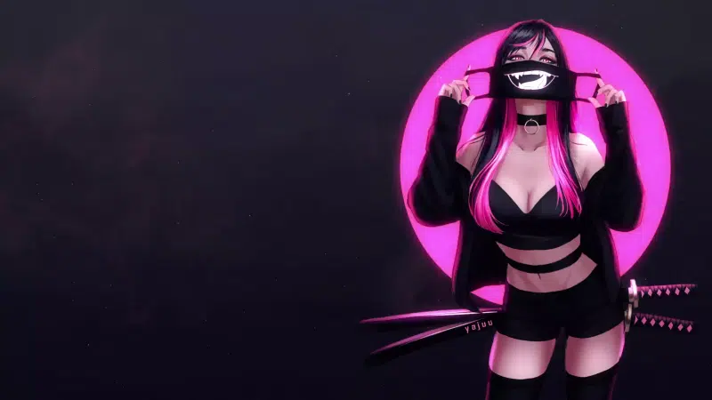 arts, anime, yajuu, katana, mask, black background, purple circle, anime girls Live Wallpaper