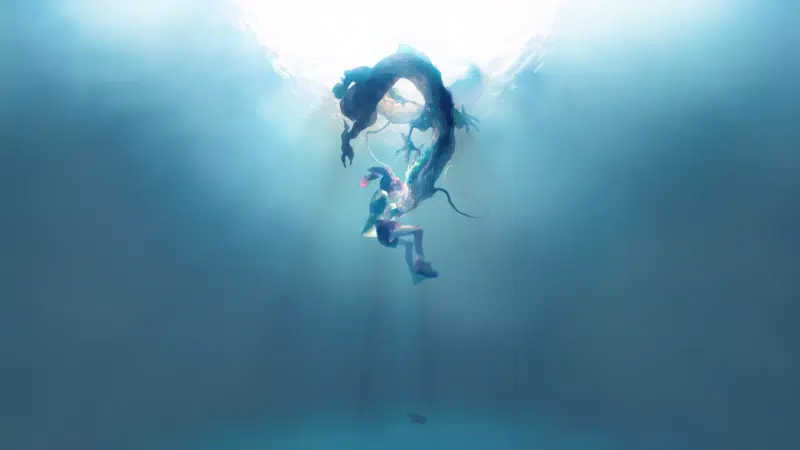 anime, arts, chihiro ogino, spirited away, water, haku, sinking, carried away by ghosts, animals, anime girls, dragon Live Wallpaper