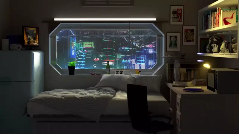 room, cyberpunk, cities, arts, the city at night, the city from the window, the spaceship, night, figure Live Wallpaper