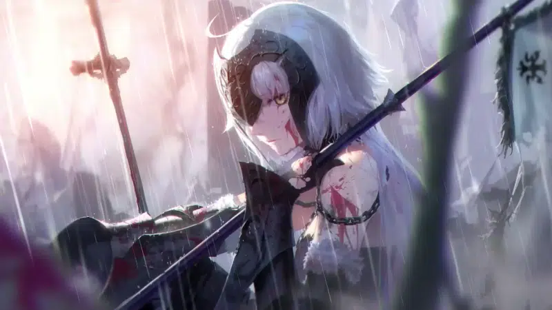 steering wheel, blood, anime girls, joan of arc, games, battlefield, jeanne darc, arts, anime, fate, rain Live Wallpaper