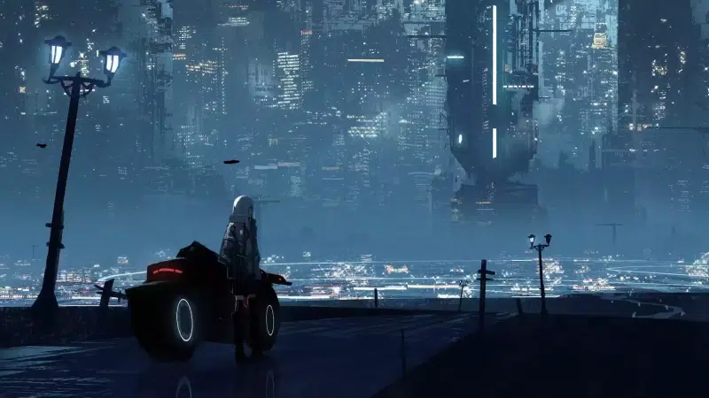 anime girls, arts, auto - moto, night, anime, cities, cyberpunk, bike, the city at night Live Wallpaper