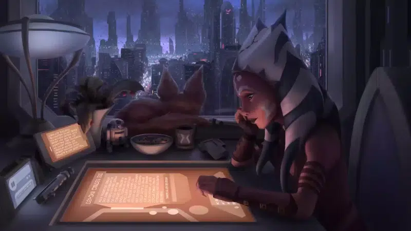 20 dbya, rain, cities, star wars, ahsoka tano, ahsoka, the city from the window, anime girls, arts, anime, the city at night, night, room, by the window Live Wallpaper