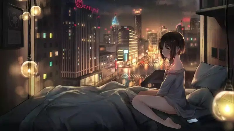 the city from the window, night, the city at night, catzz, arts, cities, thunderstorm, room, anime girls, by the window, anime, rain Live Wallpaper