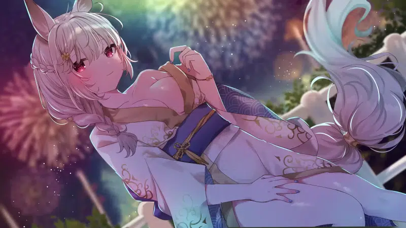 arts, tail, firework, yukata, beautiful girl, holiday, anime, the seductress, festival, anime girls, ears Live Wallpaper