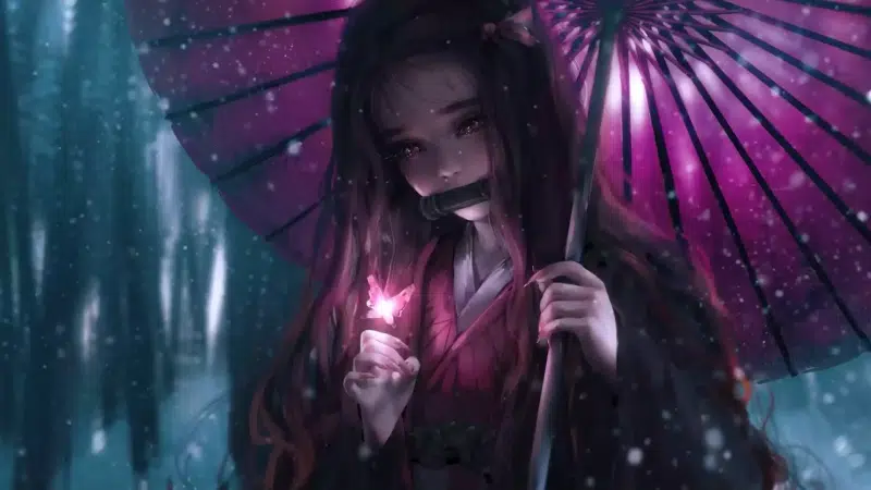 winter, anime girls, nice girl, nezuko kamado, arts, butterfly, umbrella, anime, demon slayer, snow Live Wallpaper