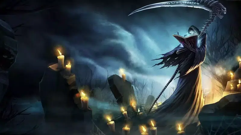 scythe, arts, death with a scythe, death, cemetery, night, grave Live Wallpaper