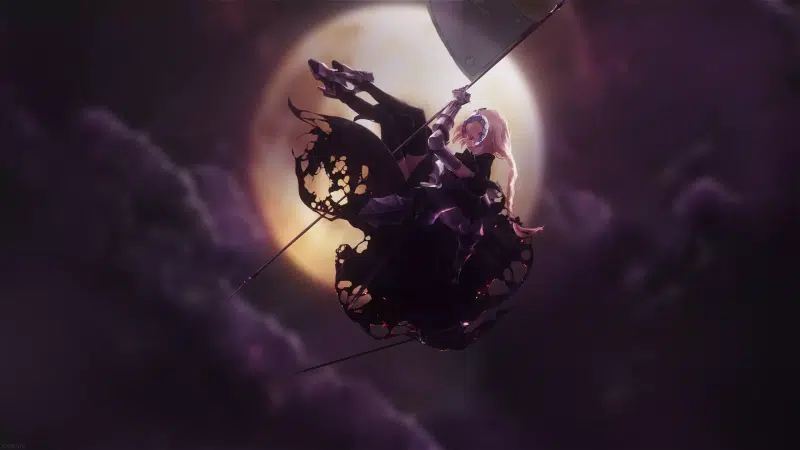 flag, steering wheel, fate-grand order, a fall, anime, moon, flying, full moon, soaring, fate, weightlessness, arts, jeanne darc, games, joan of arc, anime Live Wallpaper