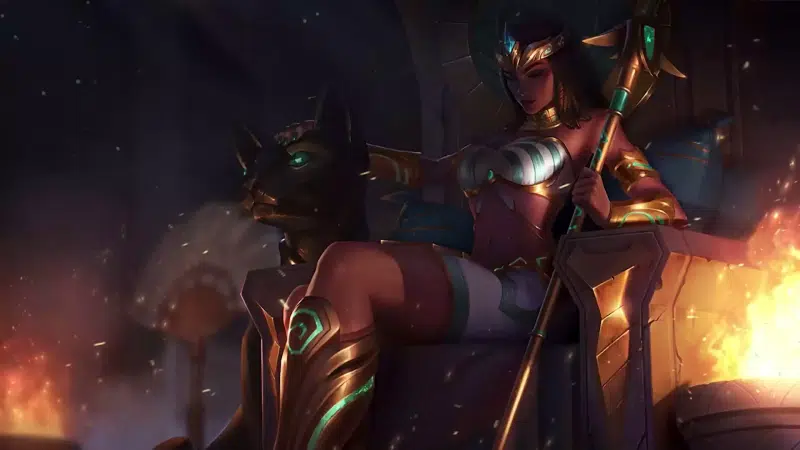 anime, lol, cleopatra, nidali, pharaoh, league of legends, anime girls, arts, throne, games, staff, fire Live Wallpaper