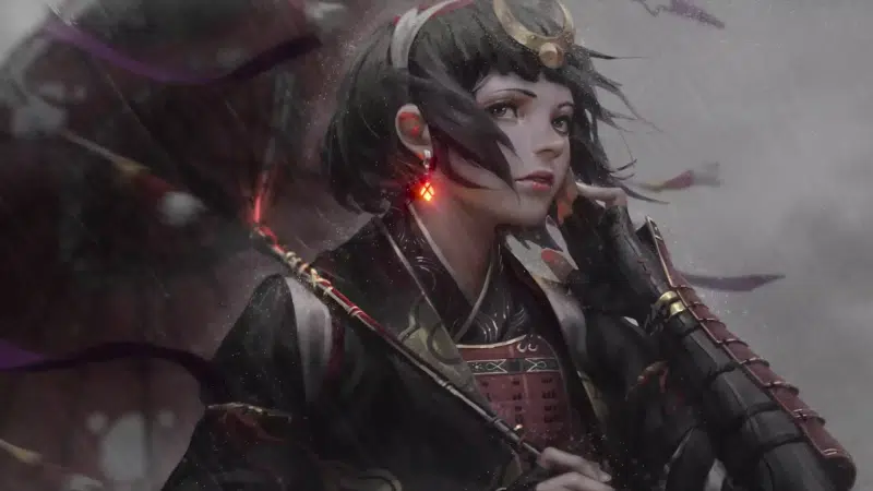 armor, anime girls, rain, guweiz, arts, samurai, umbrella, anime Live Wallpaper