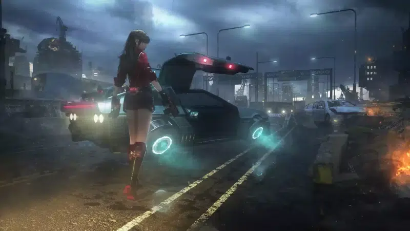 the ruined city, the city at night, cyberpunk, cities, anime, night, auto - moto, ruins, games, rain, weapon, arts, anime girls, fire Live Wallpaper