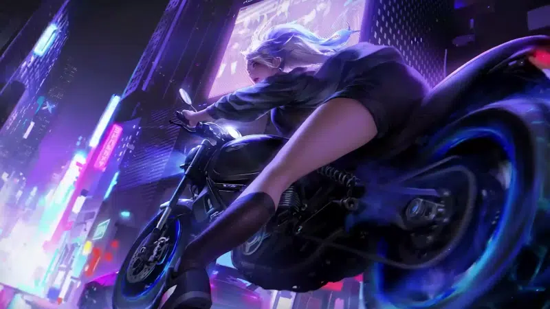 auto - moto, akali, arts, anime, bike, neon, night, anime girls, the city at night, cities Live Wallpaper