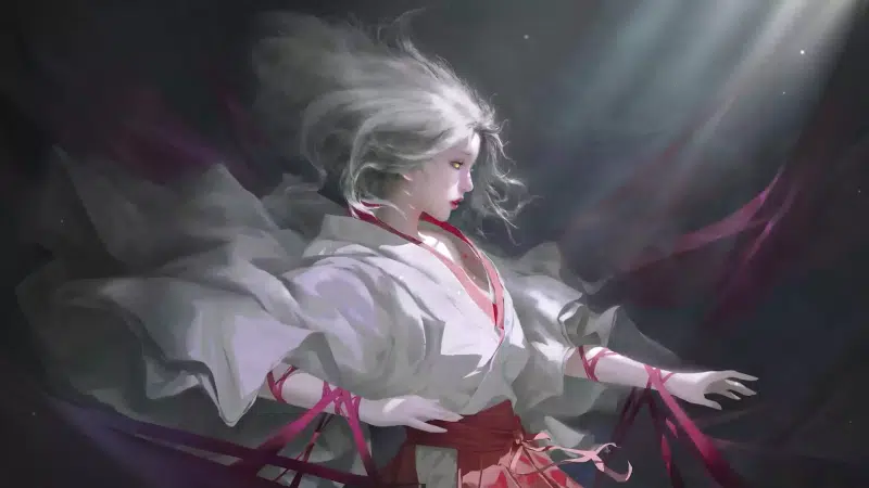 white hair, anime girls, tape, anime, arts, kimono Live Wallpaper