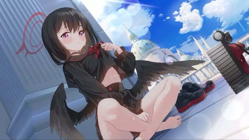 blue archive, wet, arts, school uniform, wings, mashiro, skirt, beautiful girl, games, anime girls, halo, nice girl, anime Live Wallpaper