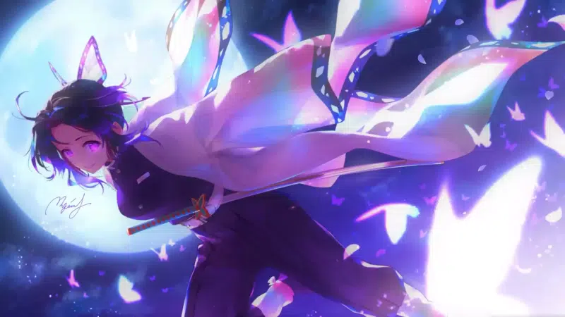 arts, moon, sword, demon slayer, butterflies, full moon, shinobu kochou, anime, night, anime girls Live Wallpaper