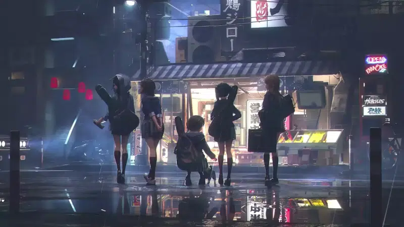 azusa nakano, yui hirasawa, puddle, anime, anime girls, tsumugi kotobuki, reflection, shop, the city at night, kayon!, rain, mio akiyama, night, ritsu tainaka, Live Wallpaper
