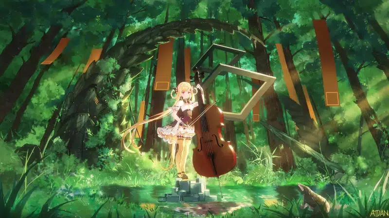 forest, musical instrument, arts, cello, creek, anime girls, beautiful girl, nice girl, water, anime Live Wallpaper