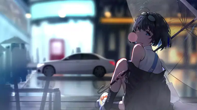 night, seele vollerei, anime girls, glasses, honkai impact, rain, games, cities, arts, anime, the city at night, umbrella Live Wallpaper