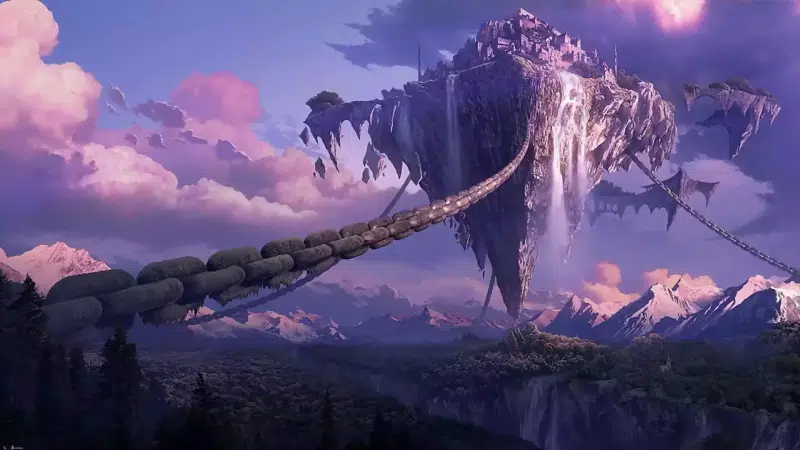 fantasy, arts, landscapes - nature, flying island, sky, chains, the clouds Live Wallpaper