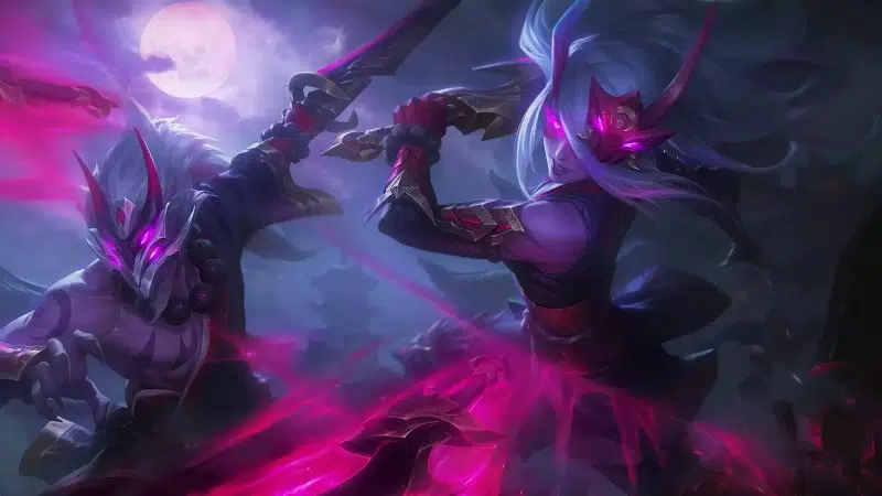 lol, league of legends, anime girls, blood moon katarina, anime, sword, full moon, moon, master yi blood moon, night, arts, mask, games, katarina, the blade, Live Wallpaper