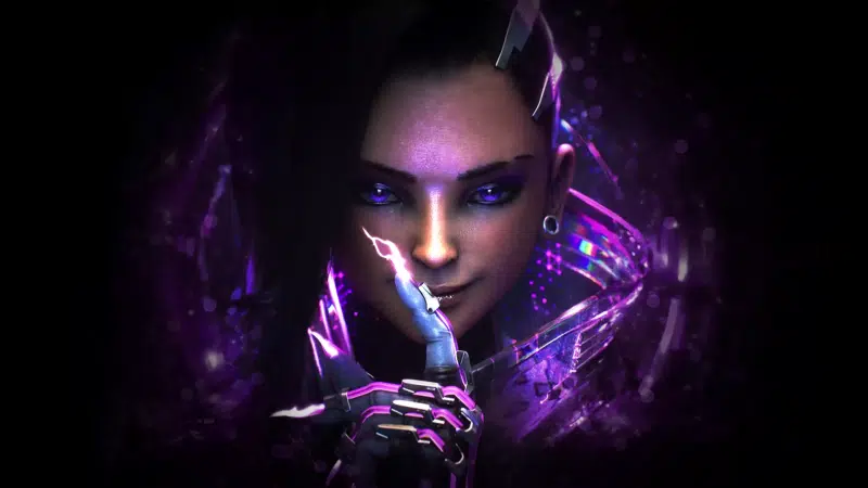 sombra, neon, interference, overwatch, games, glitch, anime girls, arts, black background, anime Live Wallpaper