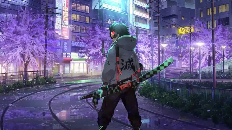 anime, arts, street, evening, tanjirou kamado, demon slayer, cities, petals, night, katana Live Wallpaper