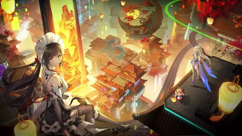 night city, arts, night, anime, annabella, tower of fantasy, cities, roof, anime girls, paper lanterns, fantasy tower, games, mia Live Wallpaper