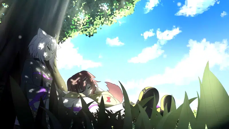 ears, arts, anime, rest, tail, okayu nekomata, anime girls, graffiti holo, korone inugami, under the tree Live Wallpaper