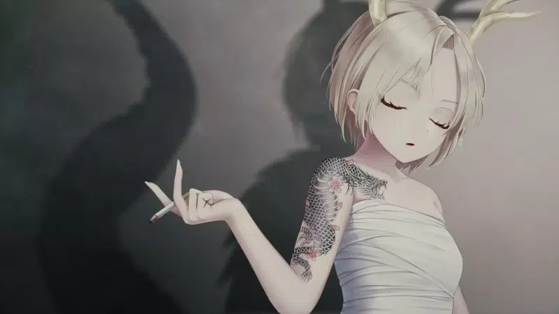 bandages, horns, arts, anime girls, beautiful girl, anime, tattoo, cigarette Live Wallpaper