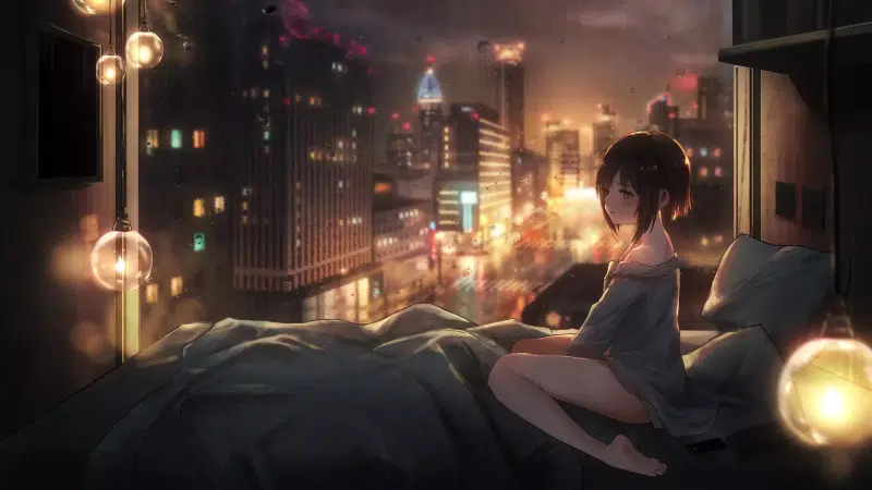 thunderstorm, the city from the window, by the window, rain, room, cities, night, arts, catzz, anime girls, the city at night, anime Live Wallpaper