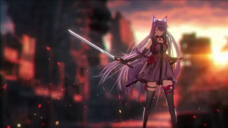 anime girls, cities, ears, arts, sword, evening, sunset, anime, melantha, arknights, stockings, games Live Wallpaper