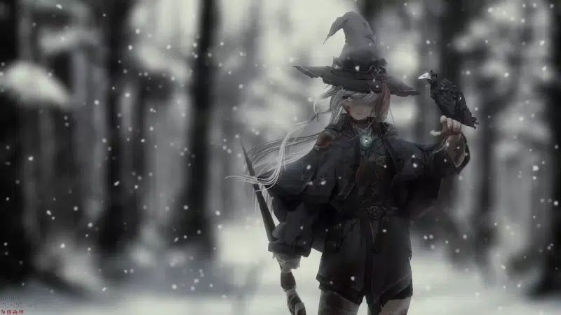 arts, blood, anime girls, anime, staff, snow, witch, bird, winter, raven Live Wallpaper