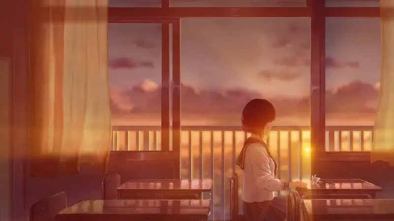 sunset, school uniform, school, arts, desk, flower, anime girls, evening, anime Live Wallpaper