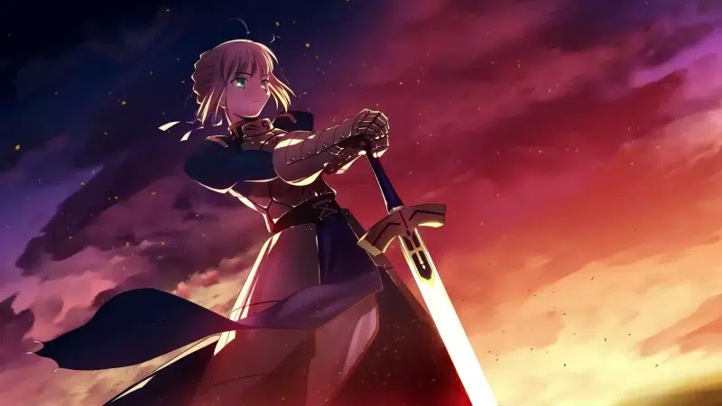 evening, fate, arts, armor, anime girls, sunset, anime, saber, sword Live Wallpaper