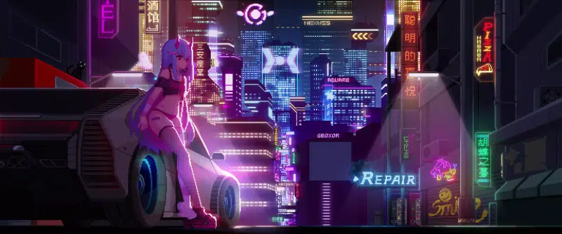 night, anime girls, arts, anime, horns, the city at night, pixel art, cities, night city, cyberpunk Live Wallpaper