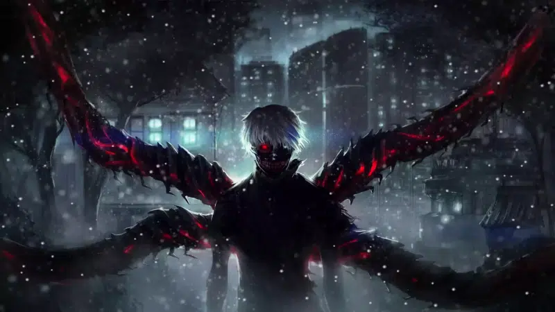 kagune, anime, arts, tokyo ghoul, cities, the city at night, ken kaneki, the shape of a ghoul Live Wallpaper