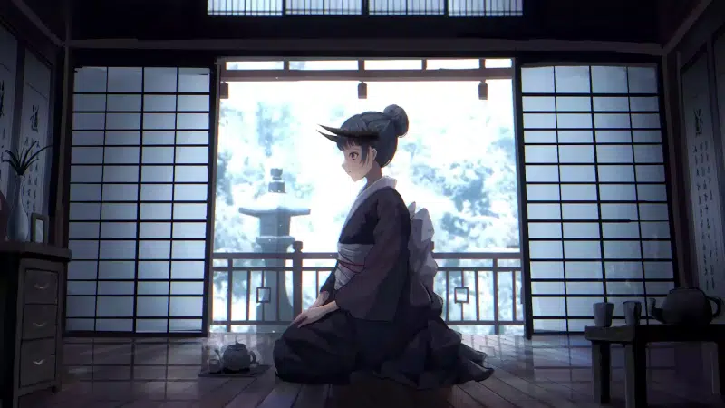 snow, winter, yukata, seasons, horns, arts, anime girls, japanese style, anime Live Wallpaper
