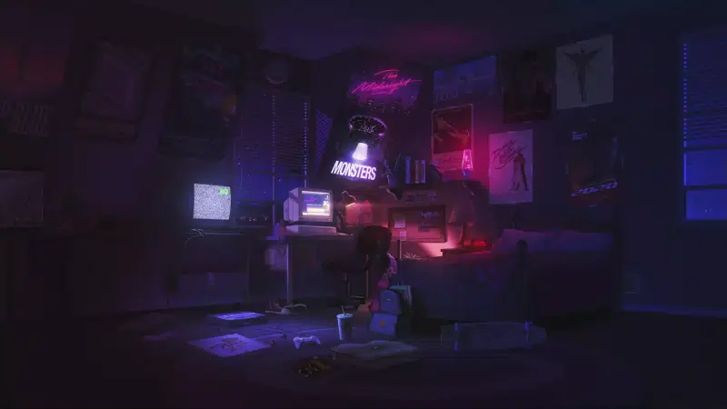 retro, night, a computer, room Live Wallpaper