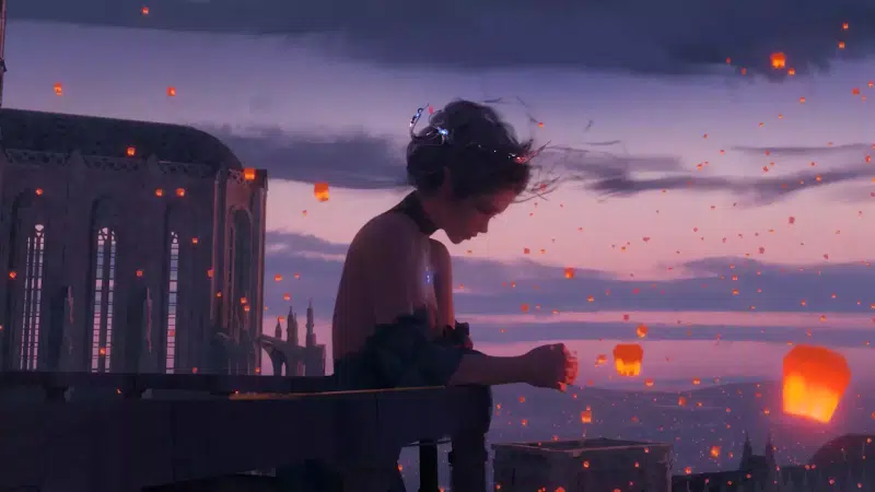 balcony, princess, wlop, crown, paper lanterns, arts, castle, girls Live Wallpaper