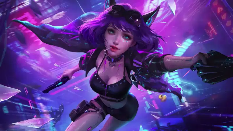 ears, flying, weapon, anime, big breasts, neko, soaring, cat girl, weightlessness, arts, a fall, cyberpunk, anime girls Live Wallpaper