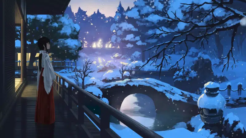 arts, courtyard, snow, forest, winter, anime, anime girls Live Wallpaper