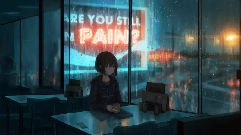 whiskey, by the window, anime, coffee house, anime girls, cities, the city from the window, evening, the city at night, arts, coffee table Live Wallpaper