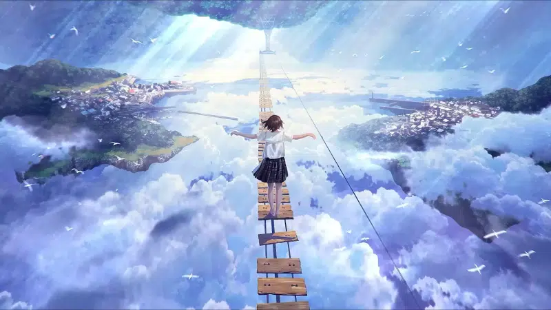 flying island, anime girls, the clouds, arts, school uniform, anime, skirt, sky Live Wallpaper