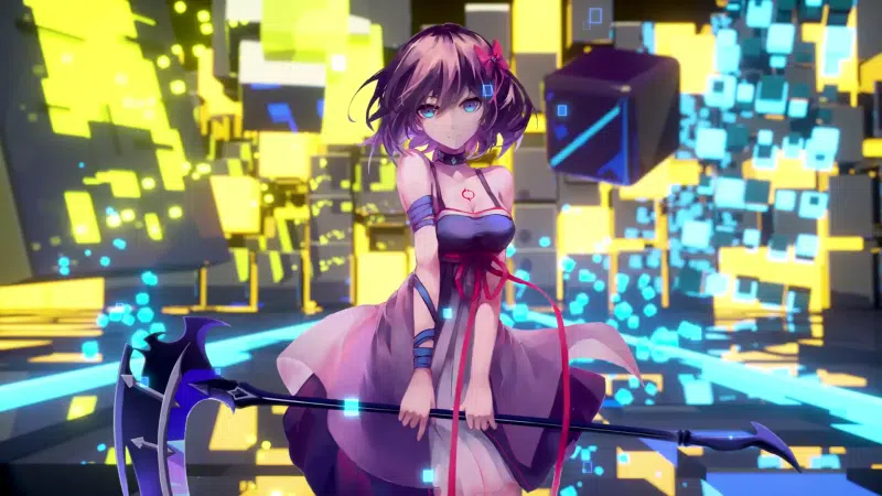 honkai impact, arts, swallowtail phantasm, games, scythe, anime girls, dress, neon, seele vollerei, anime, cubes Live Wallpaper