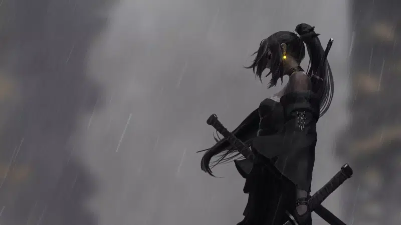 thunderstorm, anime, anime girls, sword, samurai, rain, arts, evening, guweiz, katana Live Wallpaper
