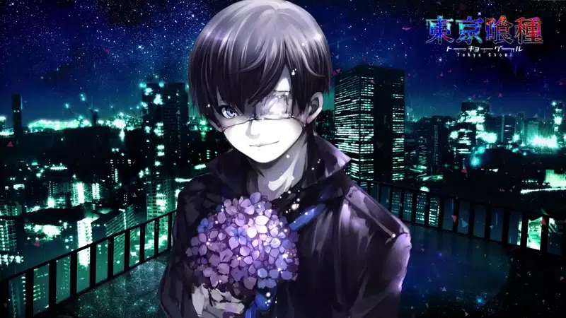 flowers, night, cities, arts, roof, ken kaneki, anime, tokyo ghoul, eye patch, the city at night Live Wallpaper