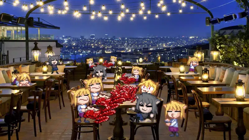 cat girl, the city at night, anime girls, neko, cities, anime, arts, ears, pixel art, restaurant Live Wallpaper