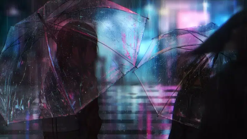 umbrella, night, cities, anime, arts, the city at night, rain, anime girls Live Wallpaper
