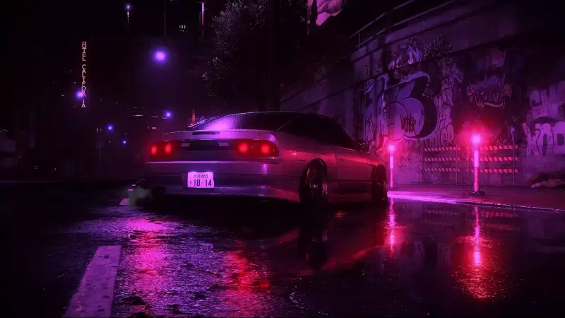 auto - moto, nissan, nissan, reflection, the city at night, nissan 180sx, puddle, graffiti, cities Live Wallpaper